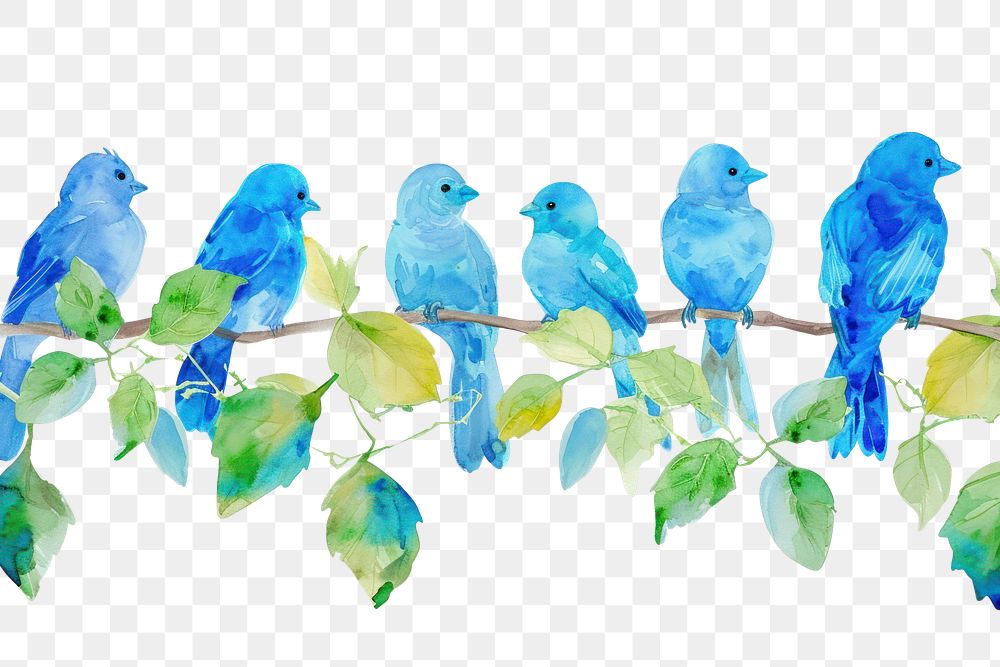 PNG Blue birds and leaves animal nature white background.