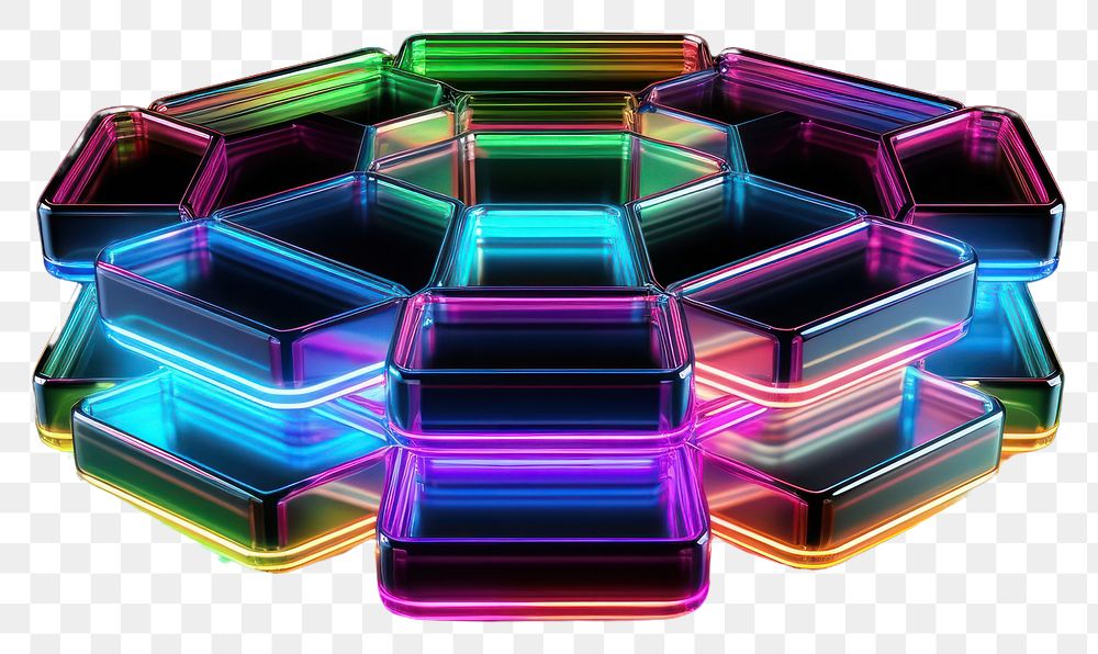 PNG  3D render of hexagon icon neon light illuminated.