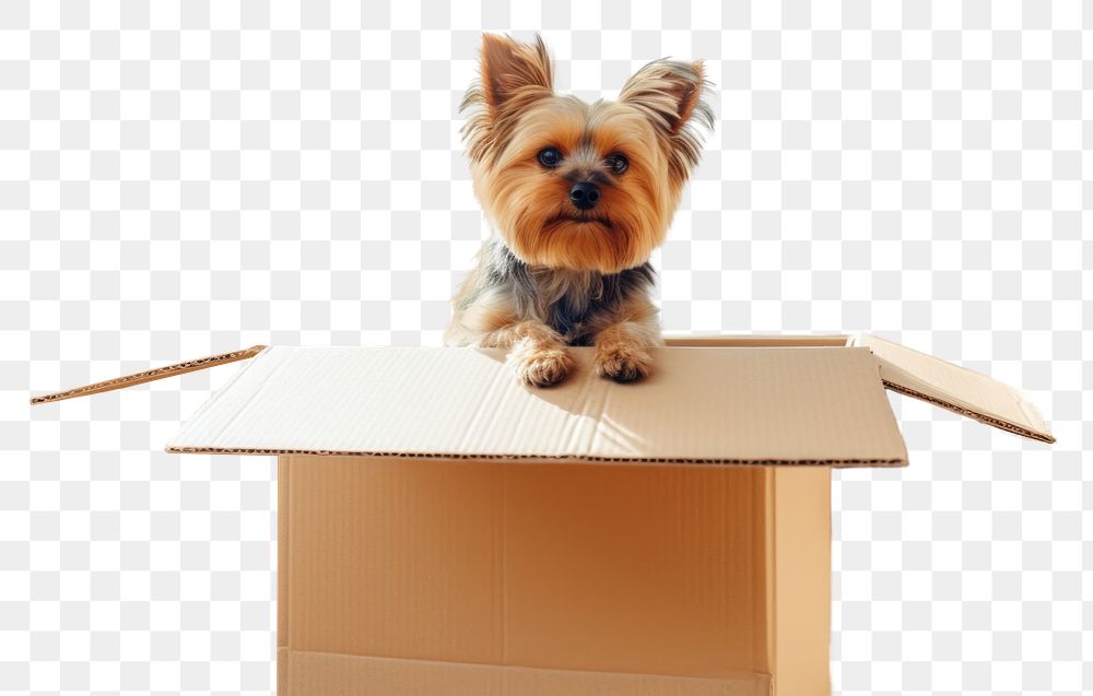 PNG A dog in a cardboard Box box mammal animal. AI generated Image by rawpixel.
