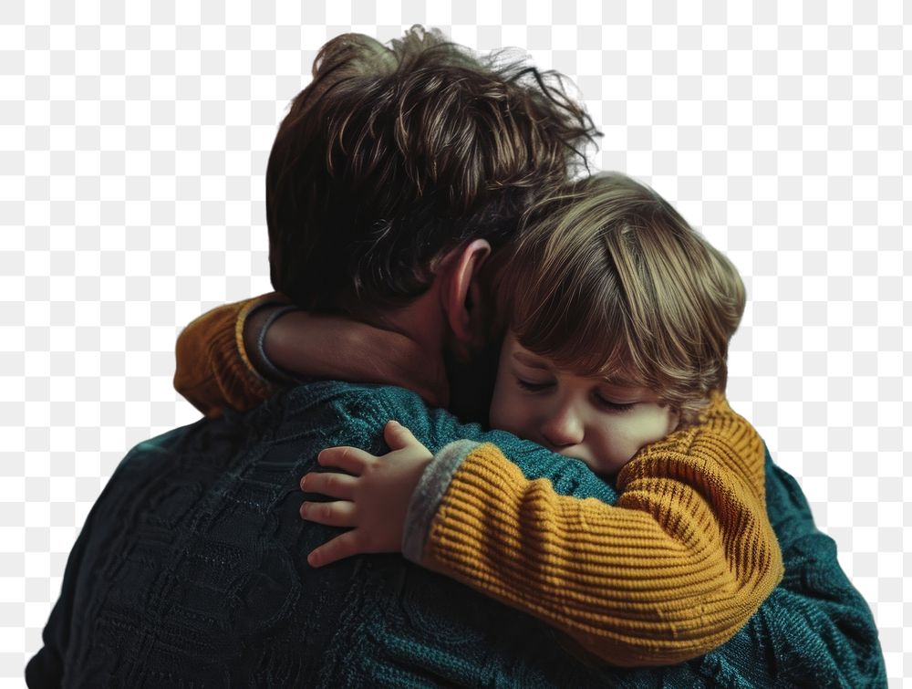 PNG Father hugging his crying son affectionate togetherness embracing.