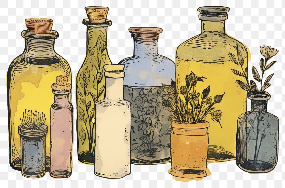 PNG  Illustratio the 1970s of essential oils bottle glass plant.