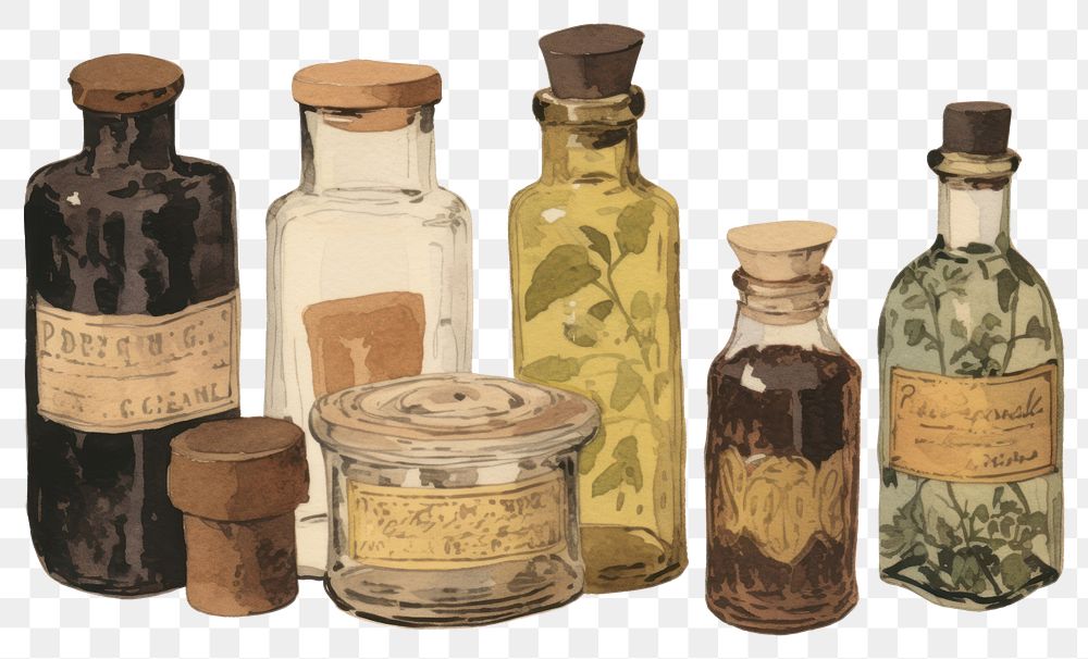 PNG  Illustratio the 1970s of essential oils bottle jar container.