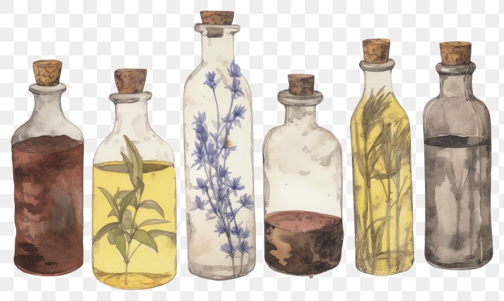 PNG  Illustratio the 1970s of essential oils bottle glass herbs.
