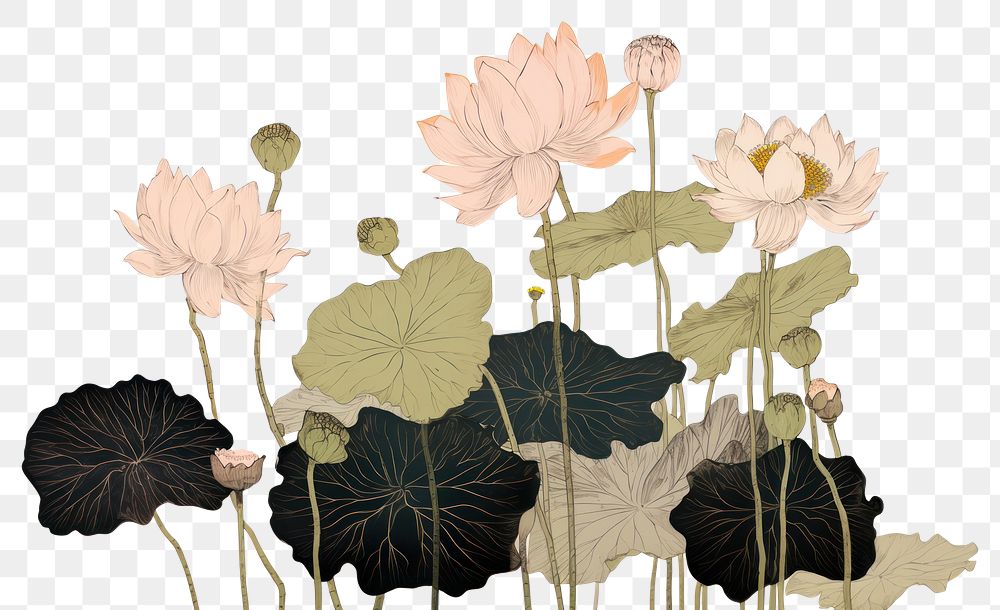 PNG  Illustratio the 1970s of lotus flower plant inflorescence.