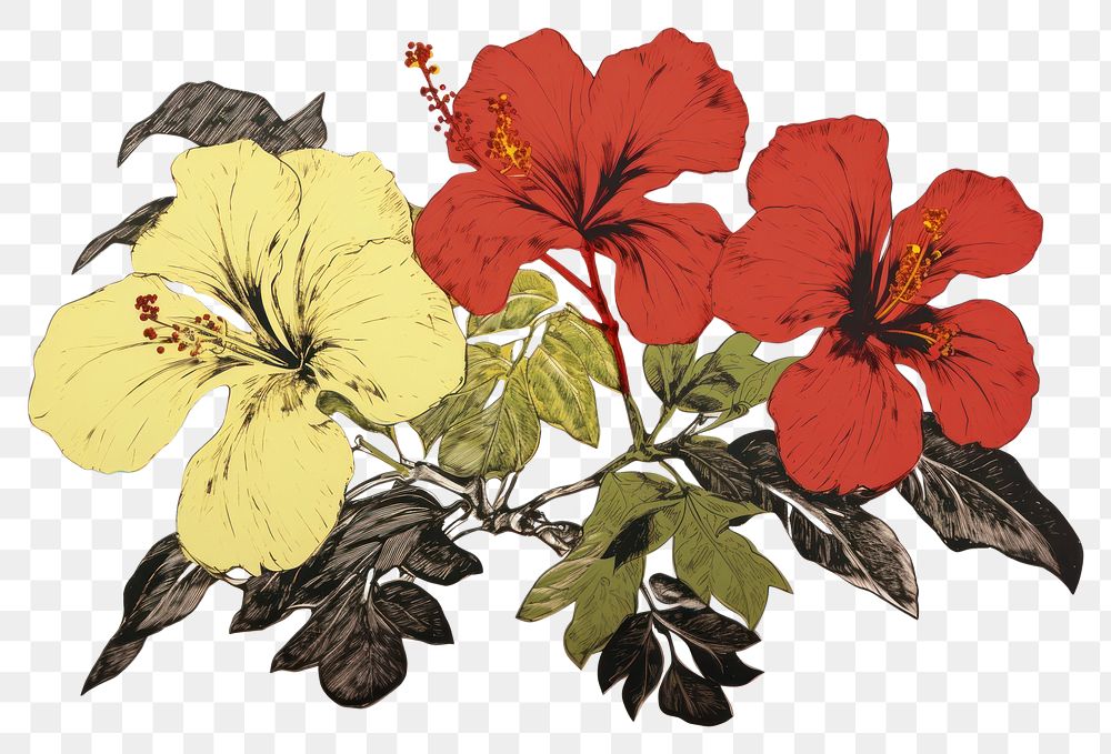 PNG  Illustratio the 1970s of tropical flower hibiscus plant inflorescence.