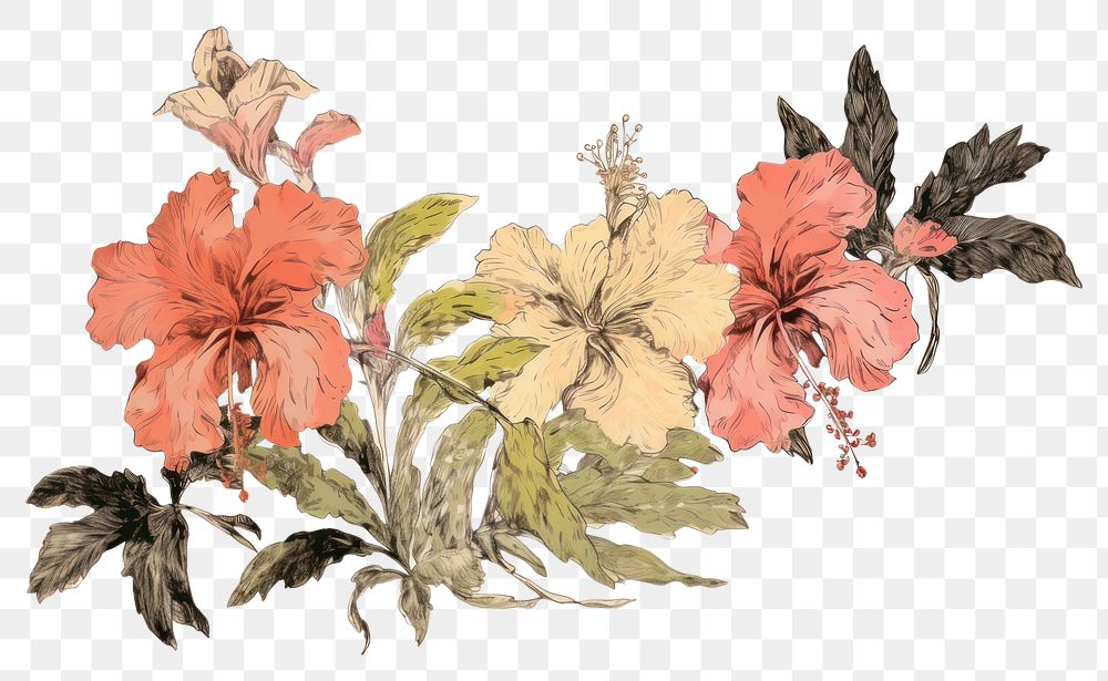 PNG  Illustratio the 1970s of tropical flower hibiscus pattern plant.