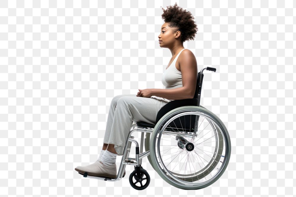PNG Amputee Afro girl sitting wheelchair adult.