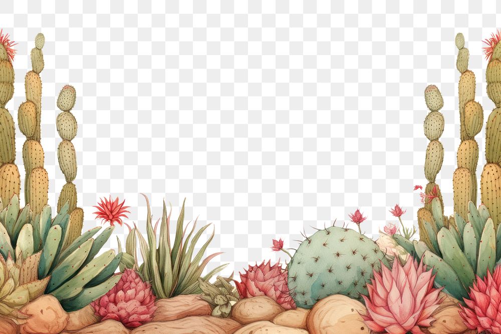PNG  Realistic vintage drawing of cactus border backgrounds pineapple plant.