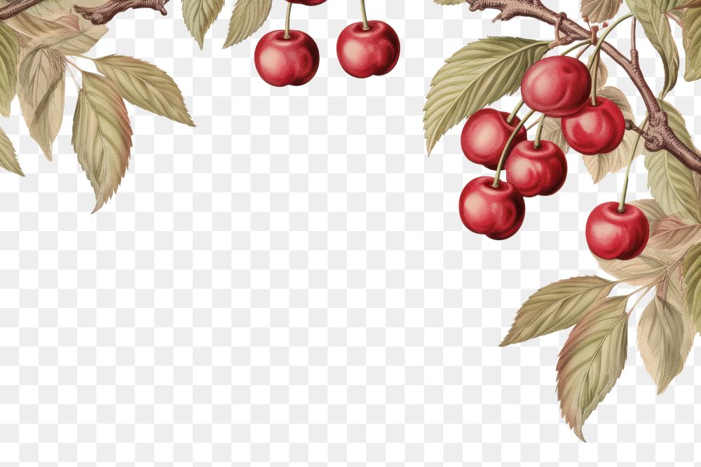 PNG  Realistic vintage drawing of cherry border backgrounds plant fruit.