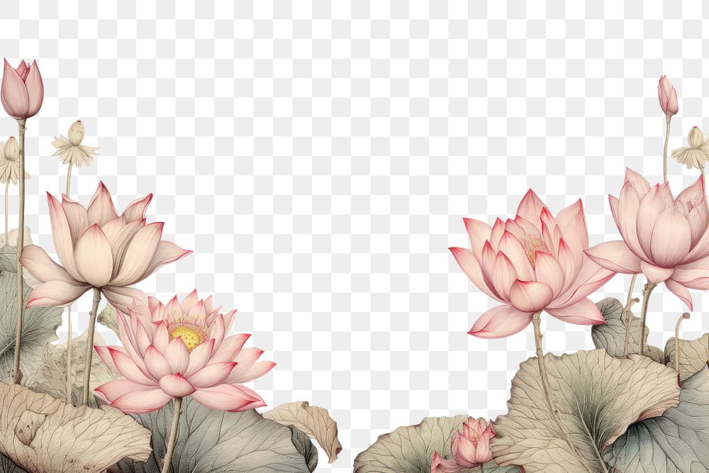 PNG  Realistic vintage drawing of lotus border flower sketch plant