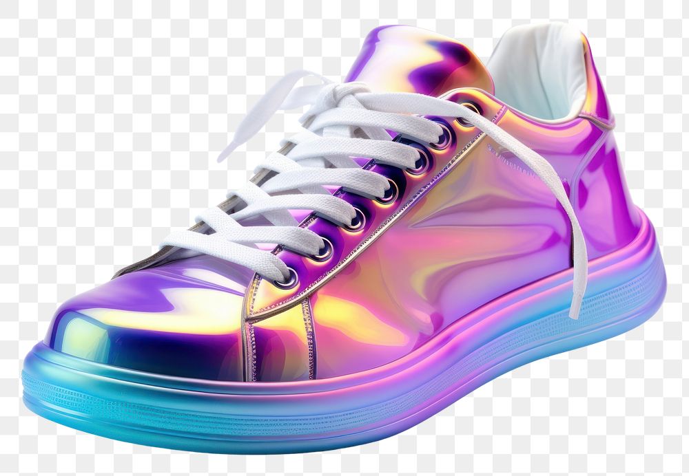 PNG  Sneakers iridescent footwear shoe white background.