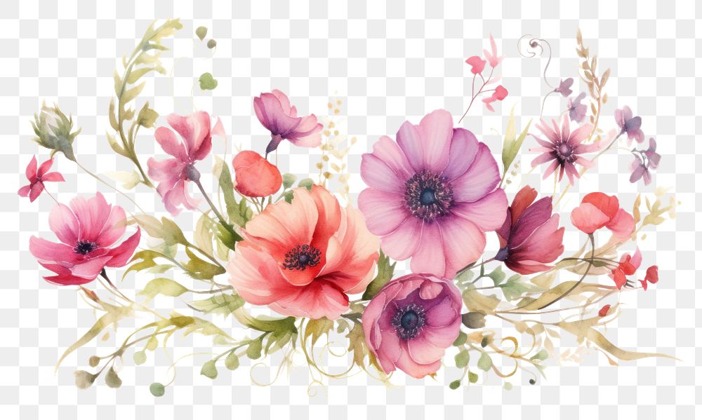 PNG Watercolor of a Floral border pattern flower plant. AI generated Image by rawpixel.