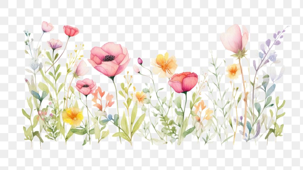 PNG Watercolor of a spring Floral border drawing flower plant. AI generated Image by rawpixel.