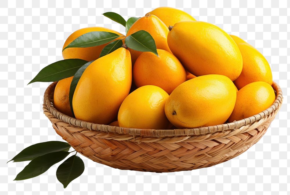 PNG  Basket mango wicker fruit basket lemon plant. AI generated Image by rawpixel.