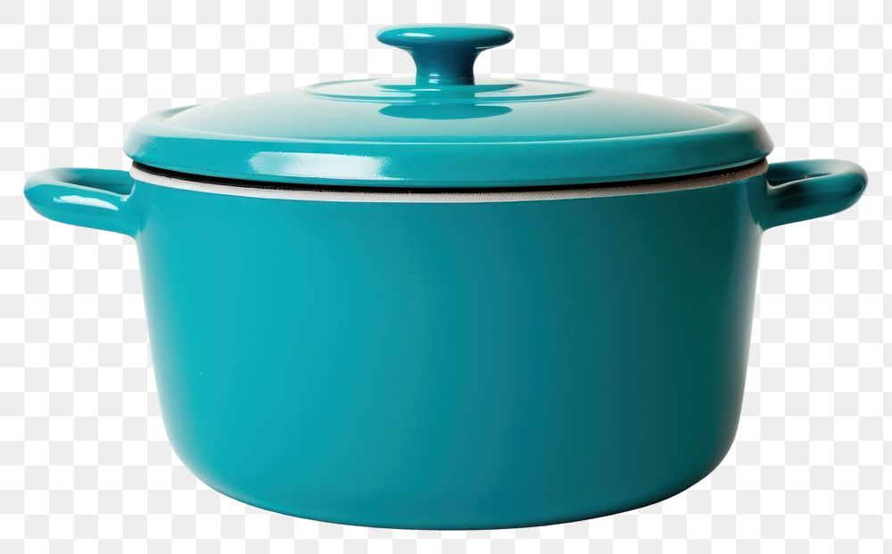 PNG A retro cyan dutch oven pot cookware food white background.