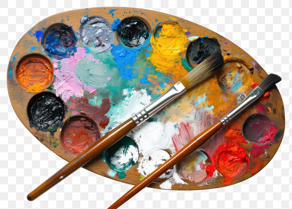PNG Wooden art palette with blobs of paint and a brushes white background paintbrush creativity.