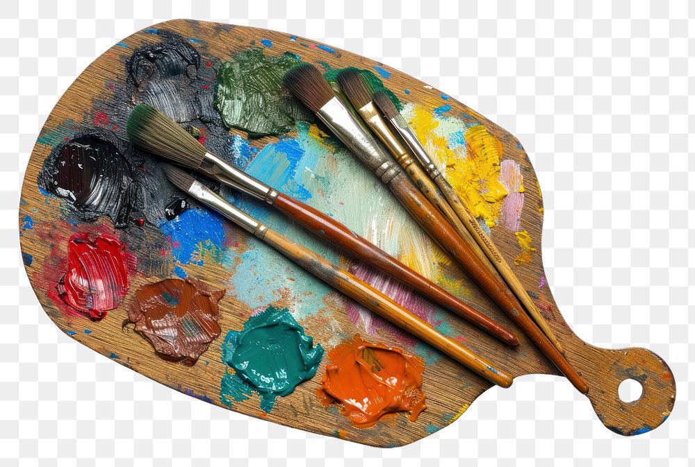 PNG Wooden art palette with blobs of paint and a brushes white background paintbrush creativity.