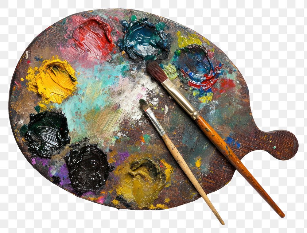 PNG Wooden art palette with blobs of paint and a brushes white background paintbrush chopsticks.