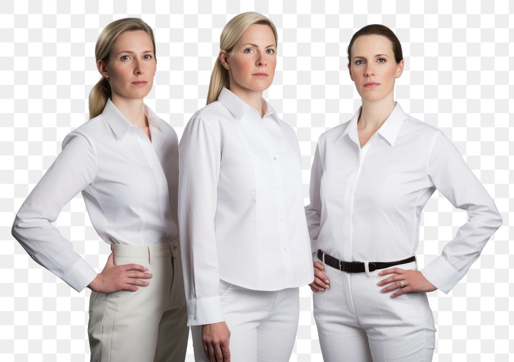 PNG White women wearing white corporate uniform portrait sleeve blouse.