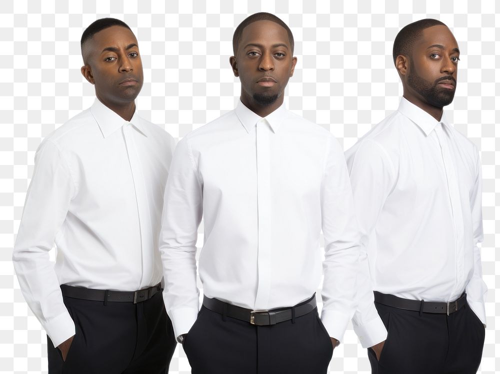 PNG Black men wearing white corporate uniform portrait sleeve shirt.