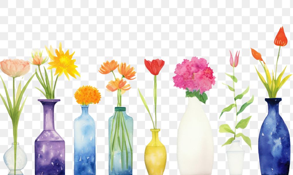 PNG Flower in different kind of vases border plant jar white background.