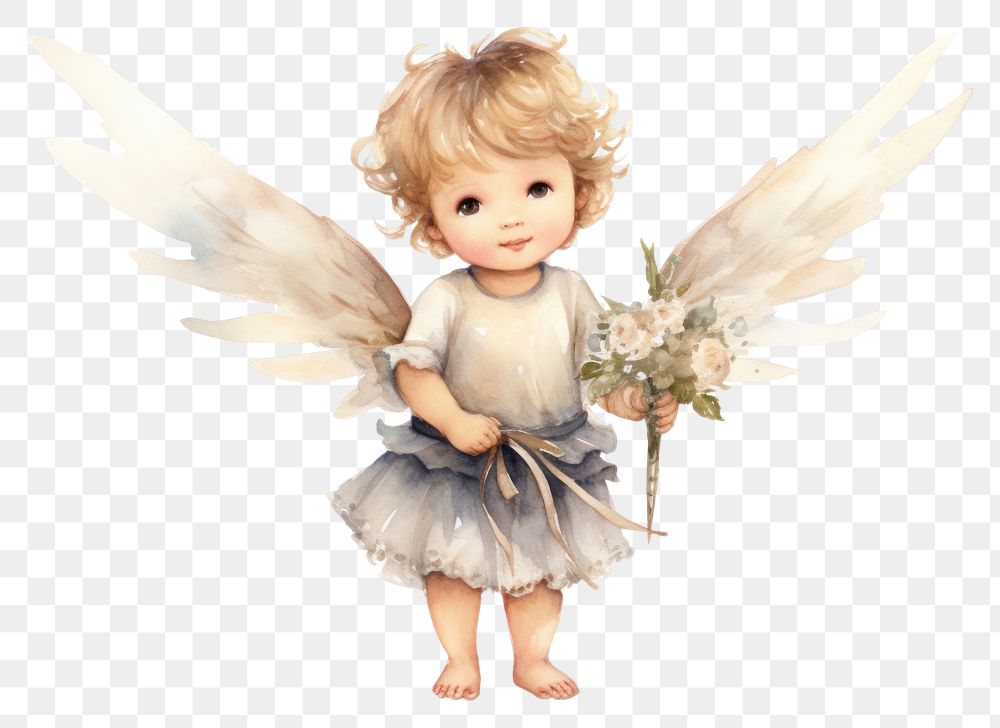 PNG Watercolor illustration of Child Angel fairy angel baby toy.