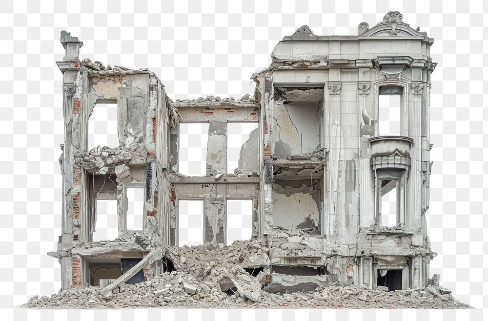 PNG  Destroyed building architecture ruins white background.