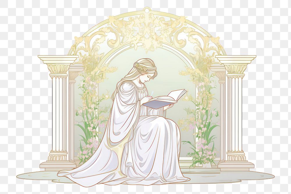 illustration of *a girl reading a book in the style of Alphonse Mucha* isolated on white background --ar 3:2 --style…