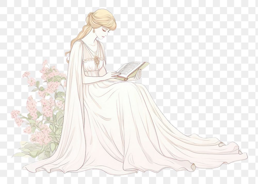 PNG A girl reading a book in the style of Alphonse Mucha drawing fashion wedding.