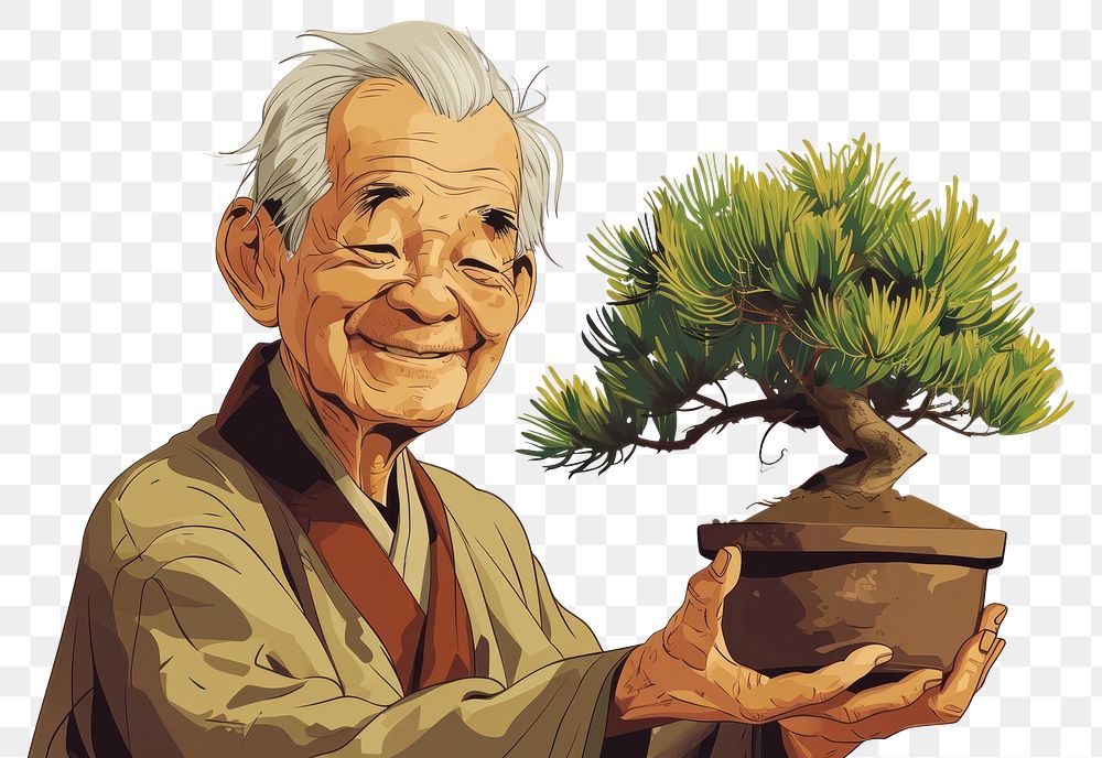 PNG A happy Japanese senior man holding pine bonzai pot drawing bonsai adult. AI generated Image by rawpixel.