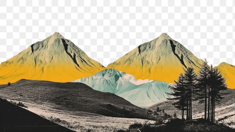 PNG Collage Retro dreamy landscape mountain outdoors painting