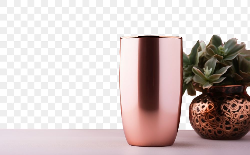 PNG Photo of a blank white *tumbler mockup* isolated rose gold background, angle view --ar 3:2 --c 10
