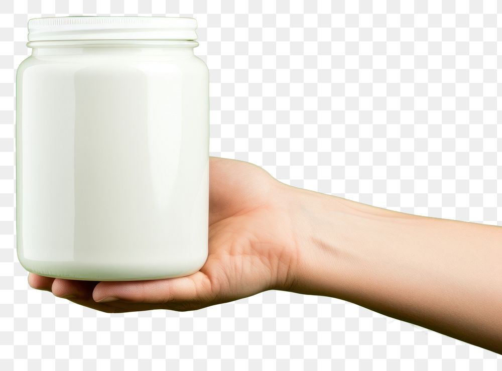 PNG  Jar mockup holding green hand.