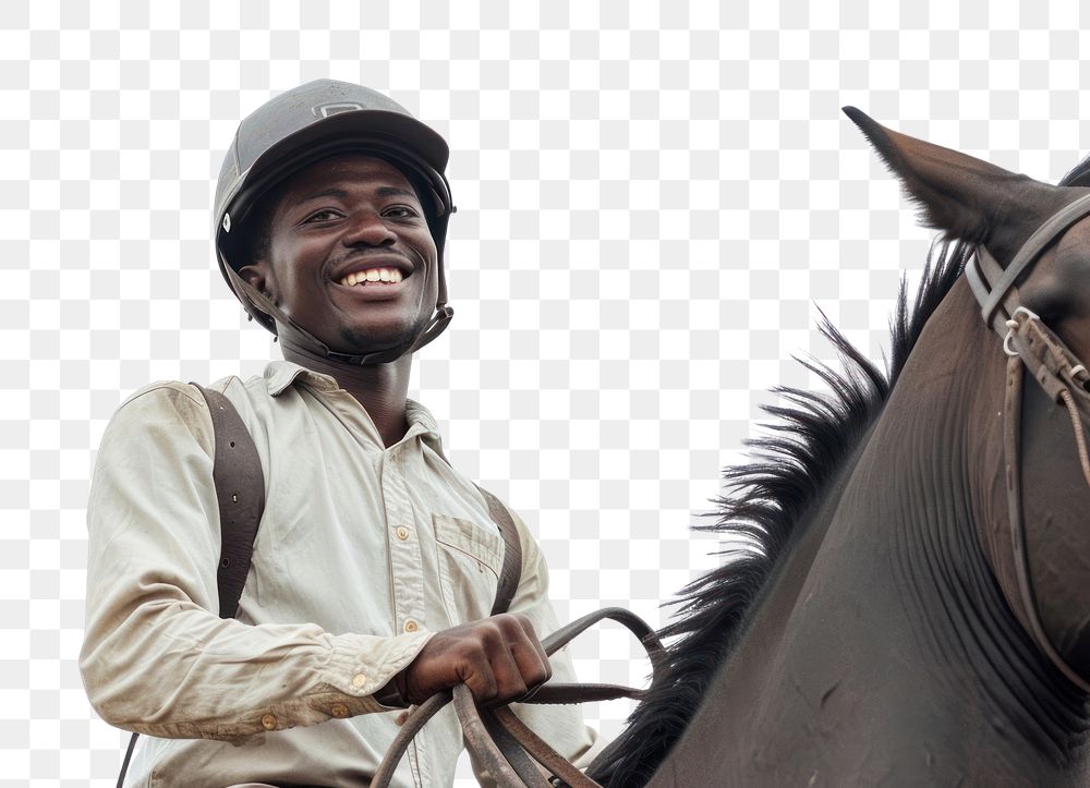 PNG Joyful African man riding horse with safety helmet mammal animal adult.