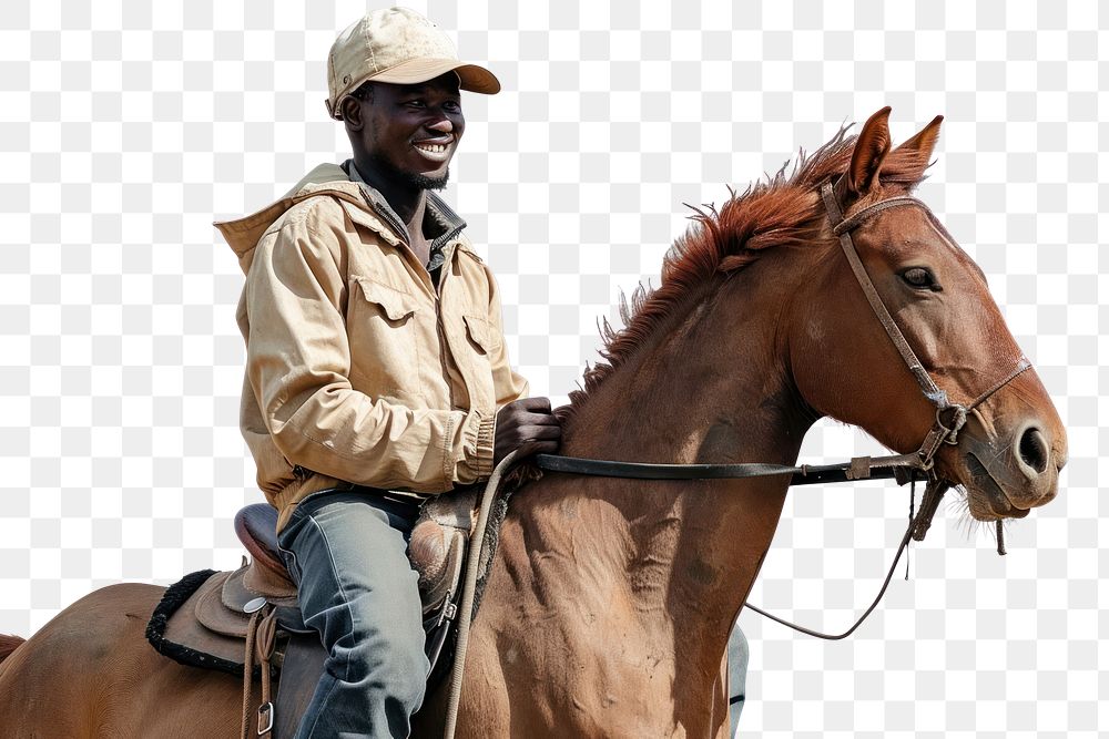 PNG Joyful African man riding horse with safety helmet mammal animal adult.
