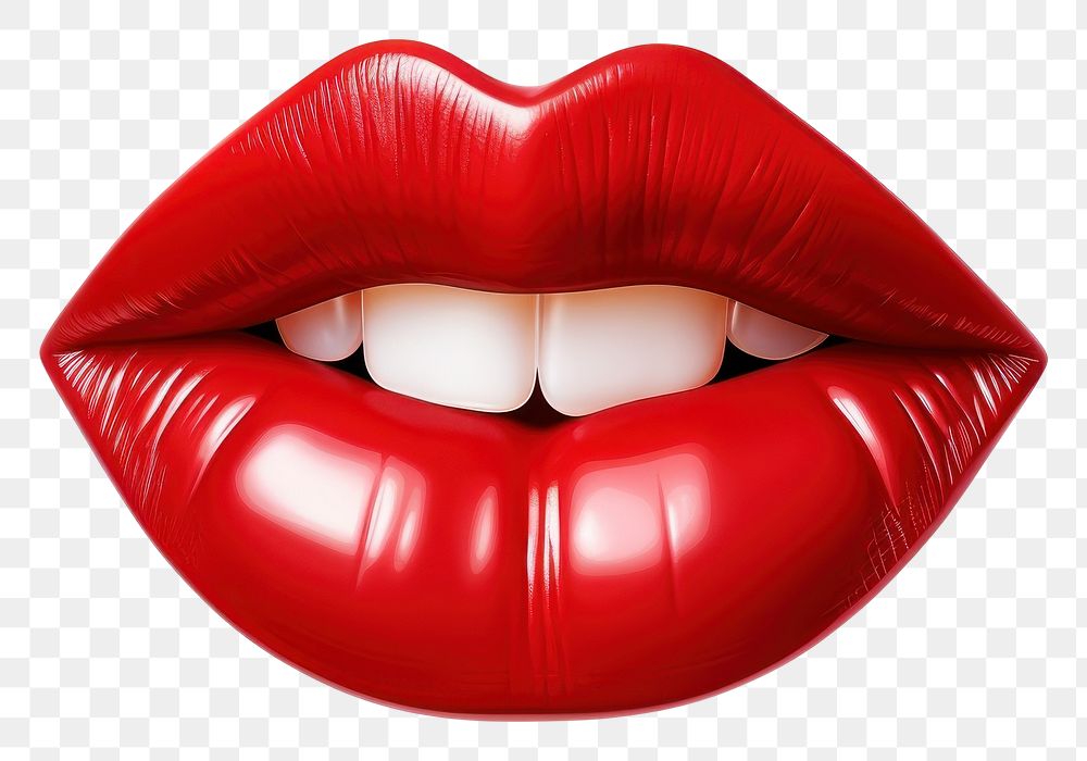 PNG Glossy red woman lips smile mouth with tongue lipstick white white background.