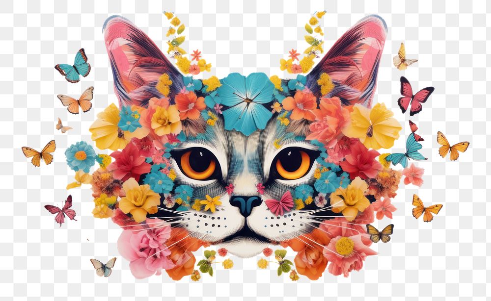 PNG Cat flower and butterflies art graphics pattern. AI generated Image by rawpixel.