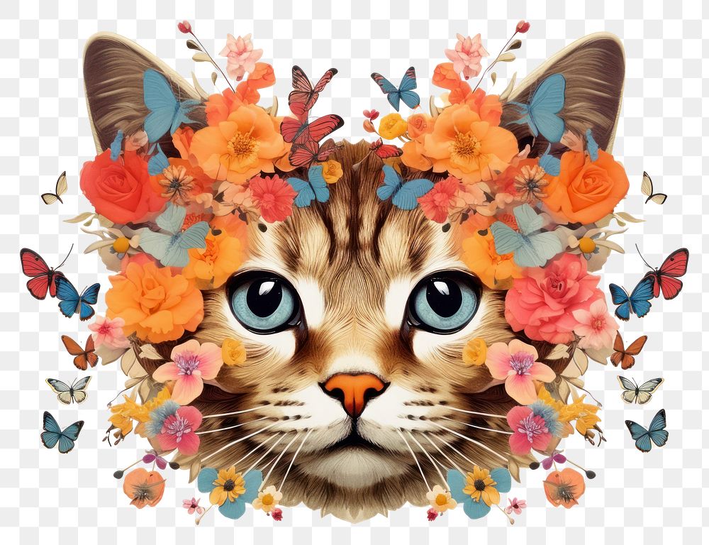 PNG Cat flower and butterflies art pattern animal. AI generated Image by rawpixel.