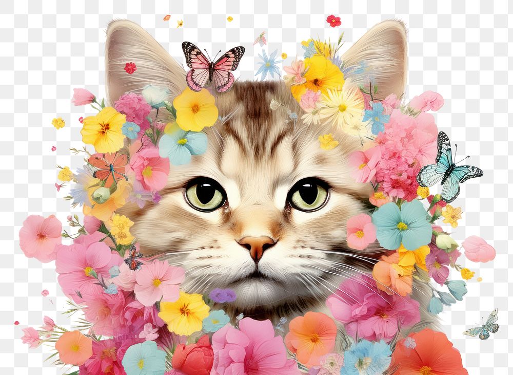 PNG Cat flower and butterflies portrait animal mammal. AI generated Image by rawpixel.