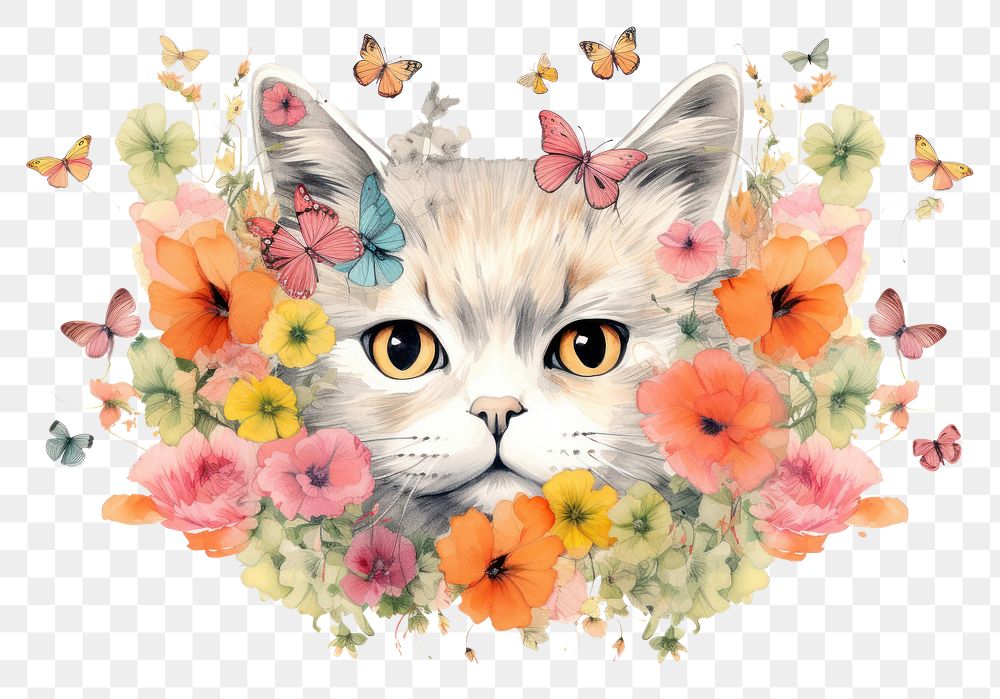 PNG Cat flower and butterflies pattern collage animal