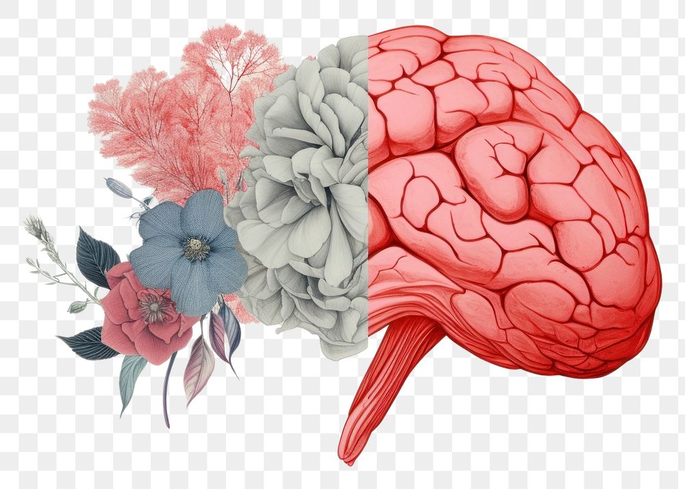 PNG Brain half collage photo flowers and half minimal line art drawing sketch plant.
