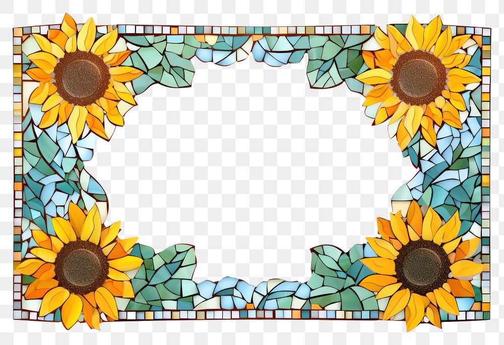 PNG  Sunflower mosaic frame art plant white background.
