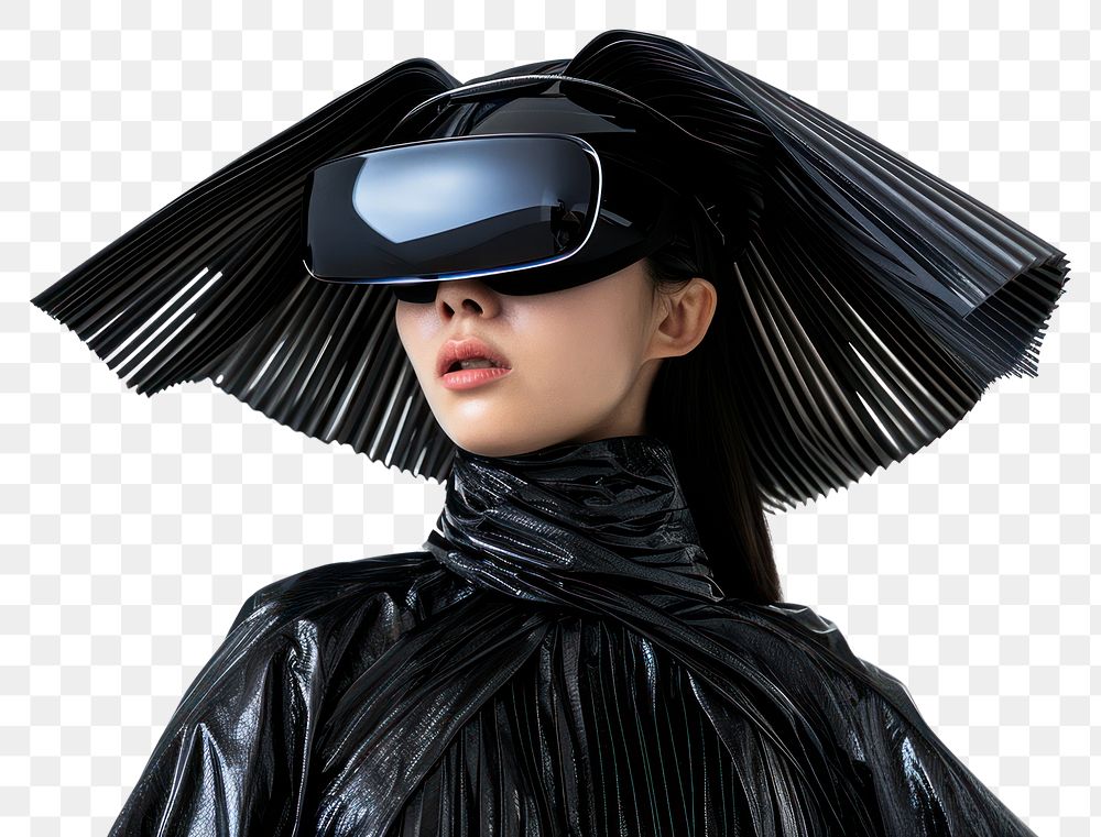 PNG  Woman wearing VR glasses with costume futuristic style fashion adult accessories.