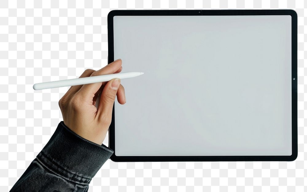 PNG A hand holding a stylus on tablet technology creativity computer.