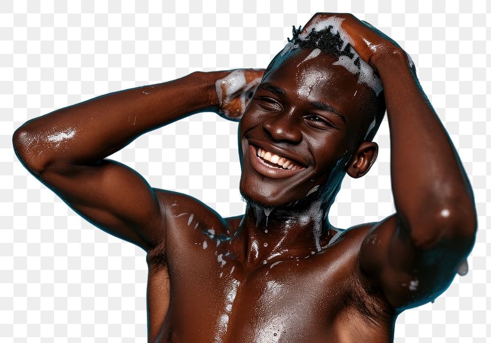 PNG A happy black guy washing hair bathroom bodybuilding happiness.