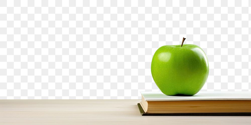 PNG Green apple on book placed education fruit table. AI generated Image by rawpixel.