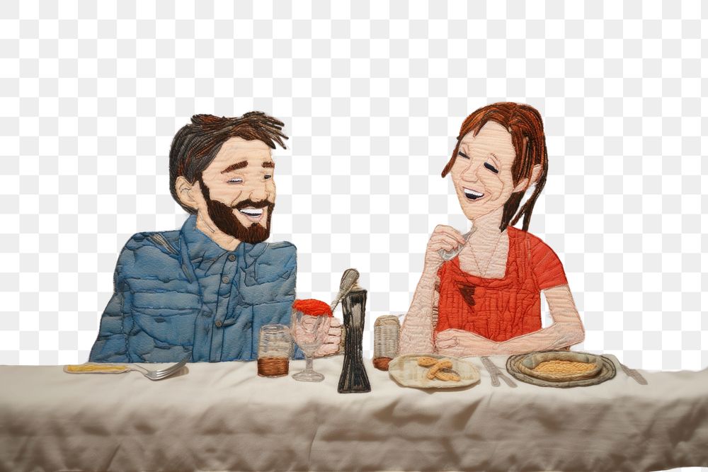 PNG  Couple smile and dinner at restaurant cartoon adult food.