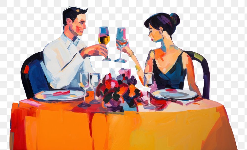 PNG  Man and woman dinner in valentine painting adult togetherness. AI generated Image by rawpixel.