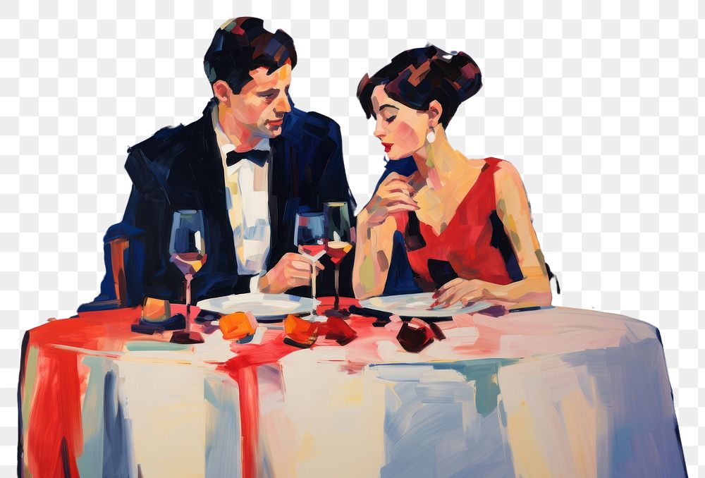 PNG  Man and woman dinner in valentine painting glass adult. AI generated Image by rawpixel.