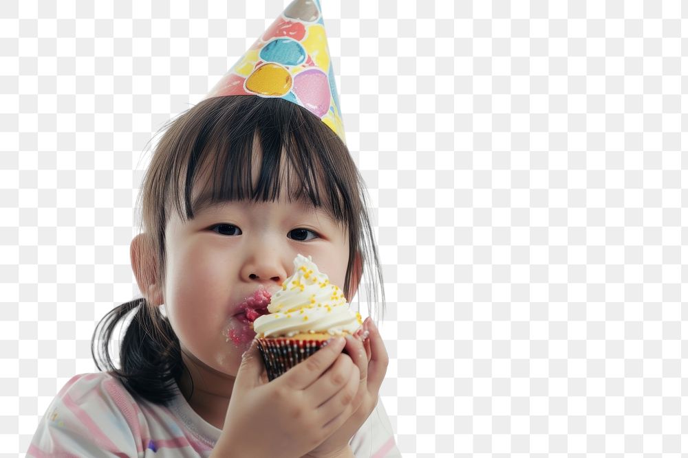 PNG  Asia girl eatting cupcake portrait birthday dessert.